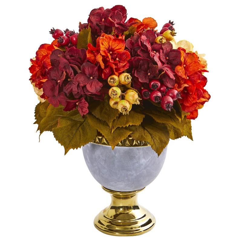 16"  Autumn Hydrangea Berry Artificial Arrangement in Decorative Urn