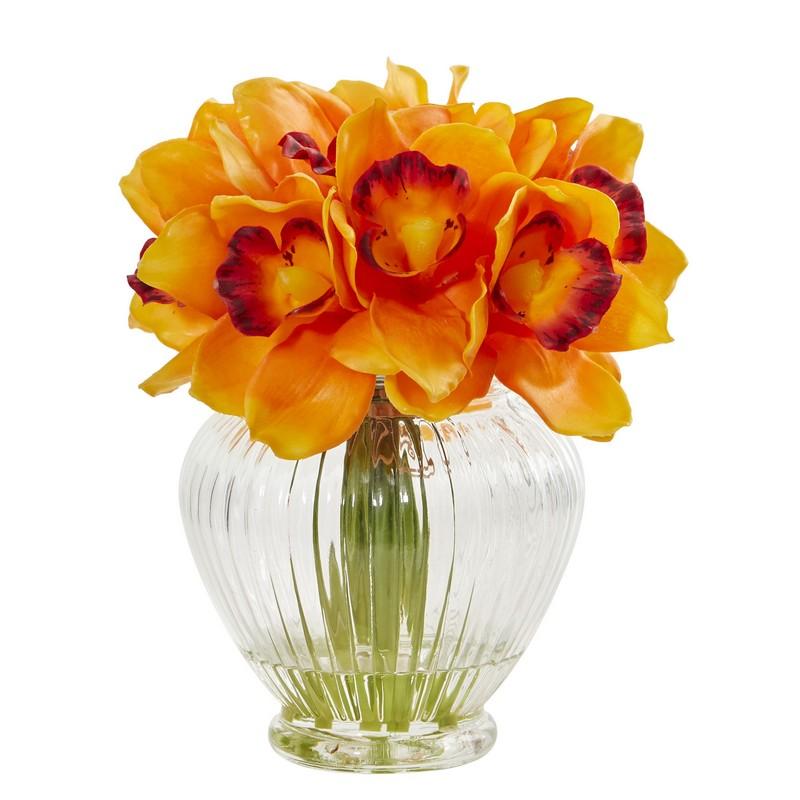 Cymbidium Orchid Artificial Arrangement In Glass Vase 1802-OR By Nearly Natural