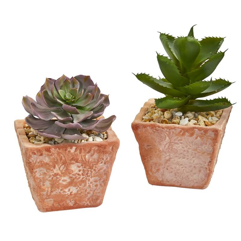 9"  Mixed Succulent Artificial Plant in Terra Cotta Planter (Set of 2)