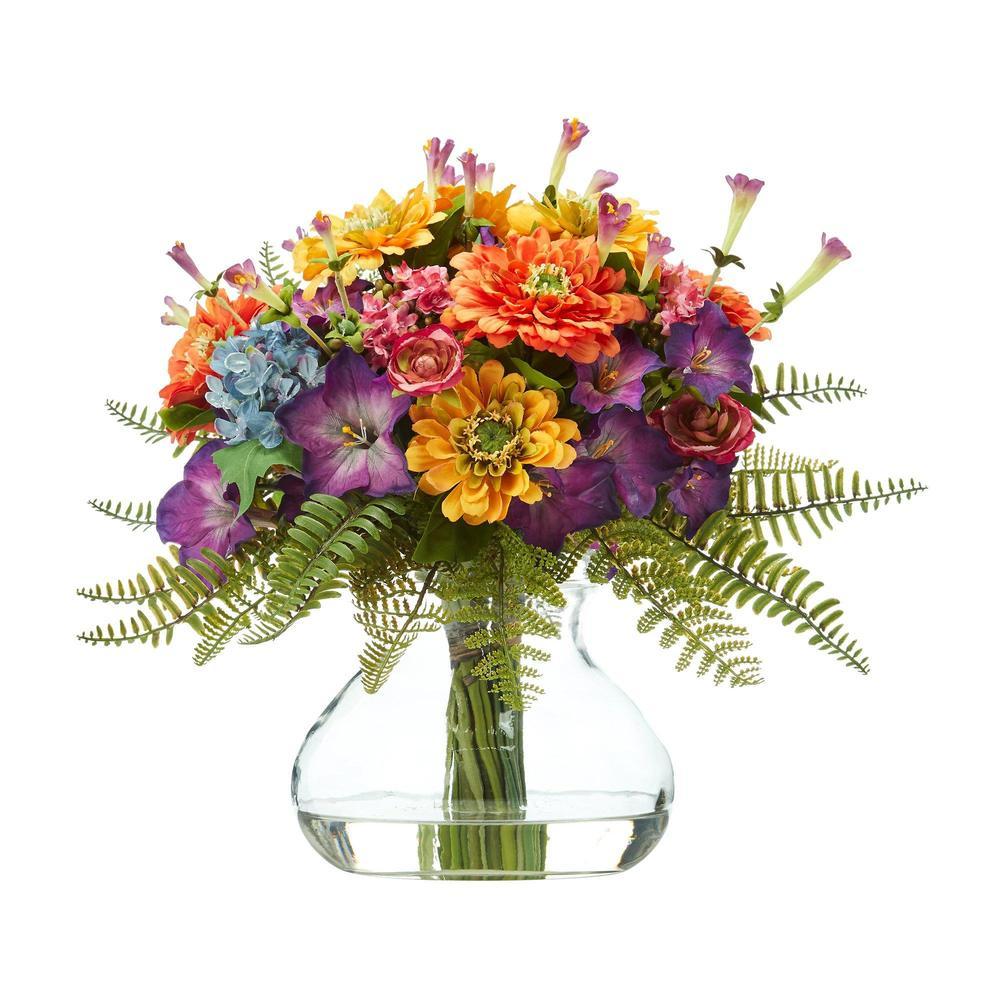 11"  Mixed Flowers Artificial Arrangement in Glass Vase