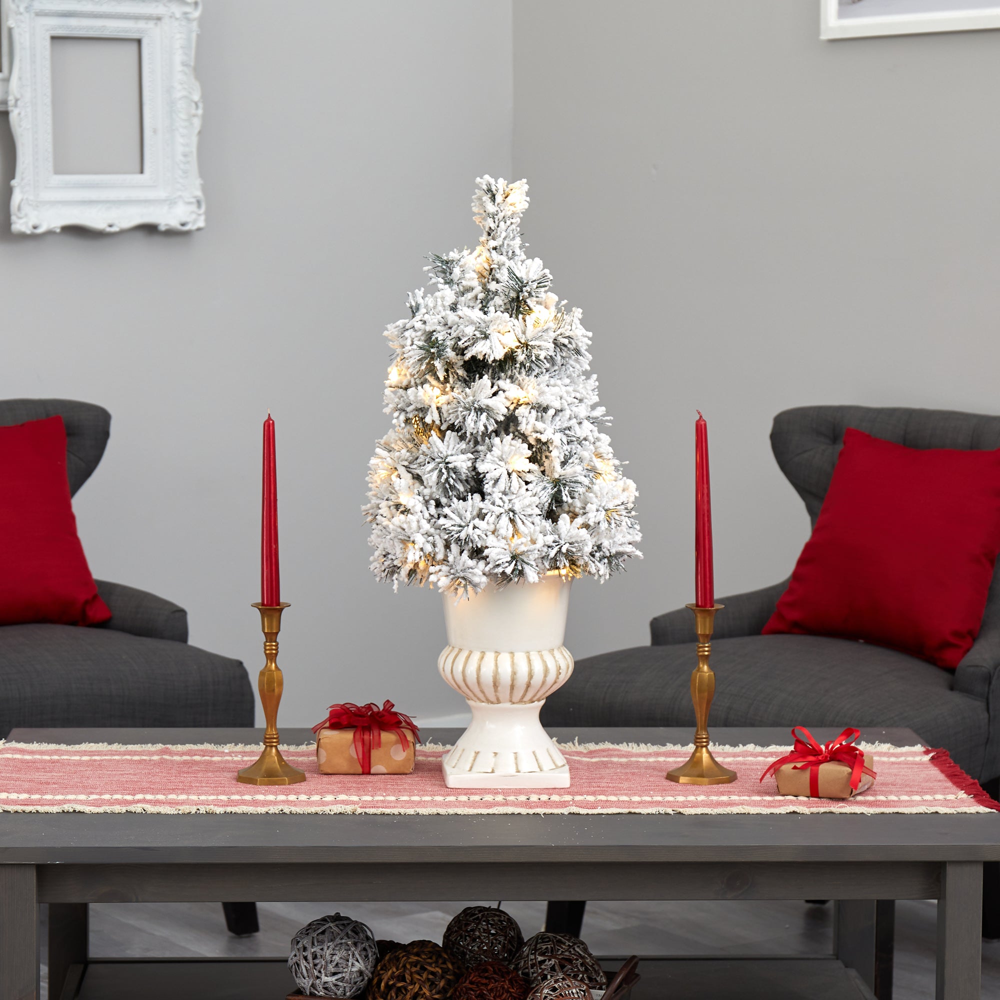28' Flocked Artificial Christmas Tree with 30 Clear LED Lights in White Urn