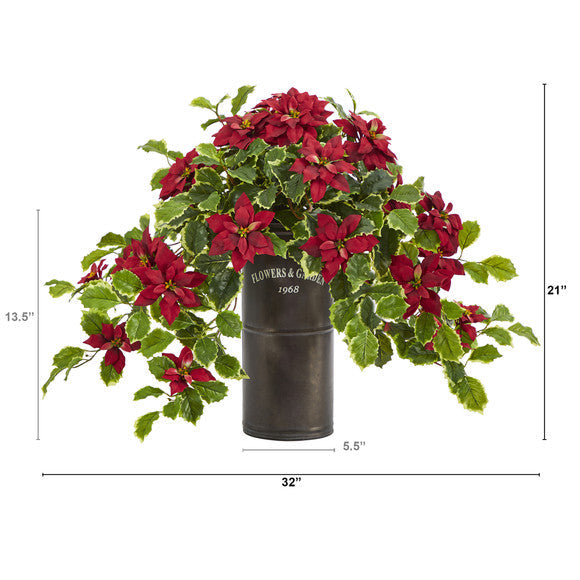 21" Poinsettia and Variegated Holly Artificial Plant in Decorative Planter