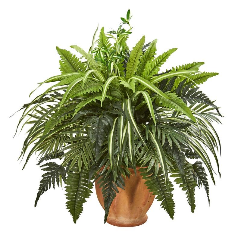 23"  Mixed Greens and Fern Artificial Plant in 
Terra Cotta Planter