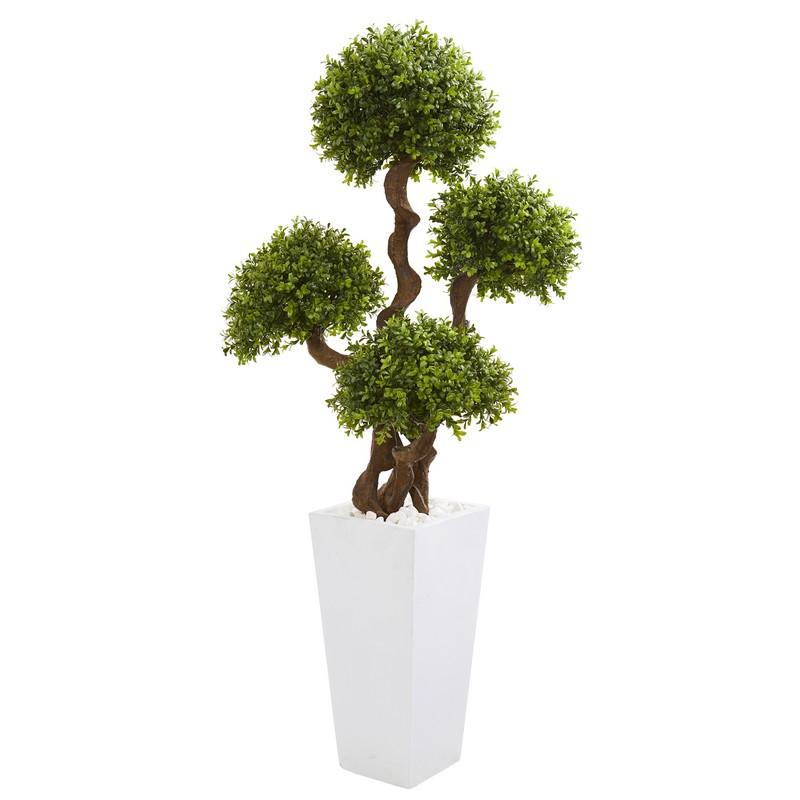 55"  Four Ball Boxwood Artificial Topiary Tree in Tall White Planter