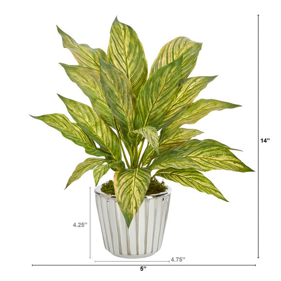 14" Musa Leaf Artificial Plant in White Planter with Silver Trimming