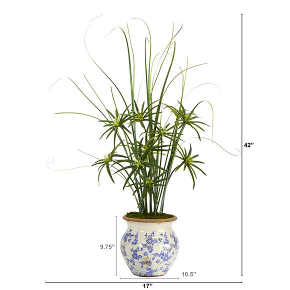 3.5' Cyperus and Grass Artificial Plant in Vintage Floral Planter