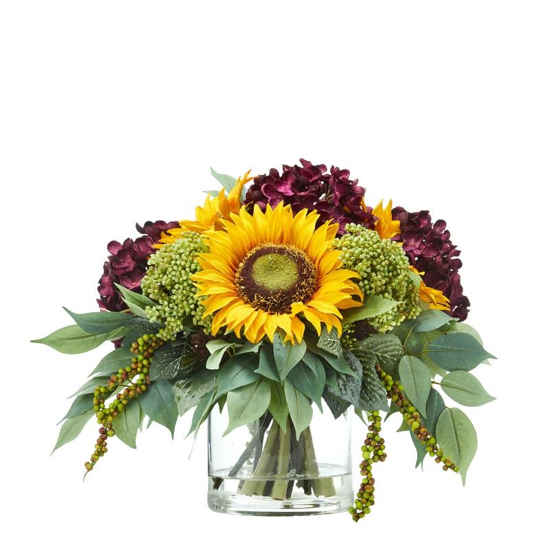 11" Sunflower and Hydrangea Artificial Arrangement