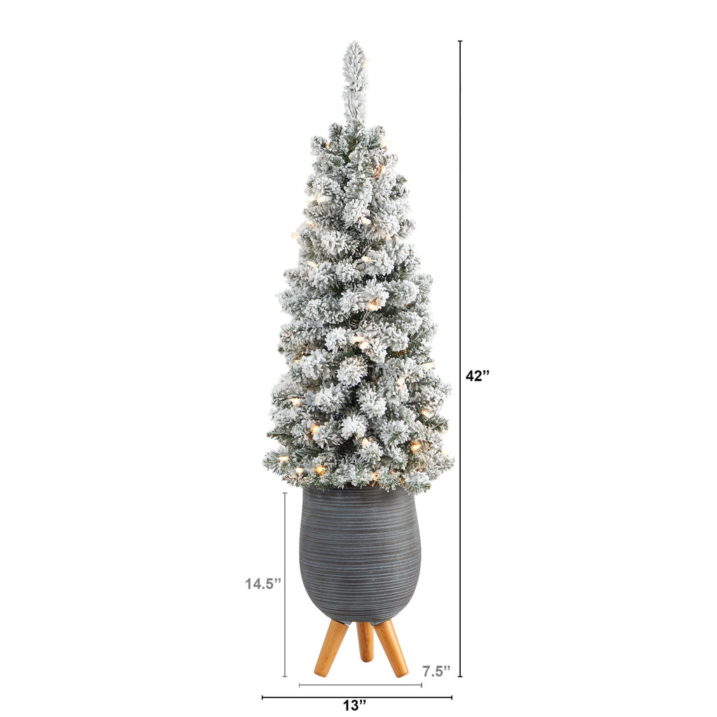 3.5' Flocked Pencil Artificial Christmas Tree w/ 50 Clear Lights & 132 Bendable