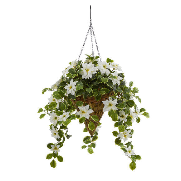 3.5' Poinsettia and Variegated Holly Artificial Plant in Hanging Cone Basket