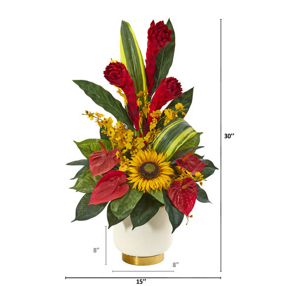 30" Mixed Tropical Floral Artificial Arrangement in Cream Vase with Gold Base