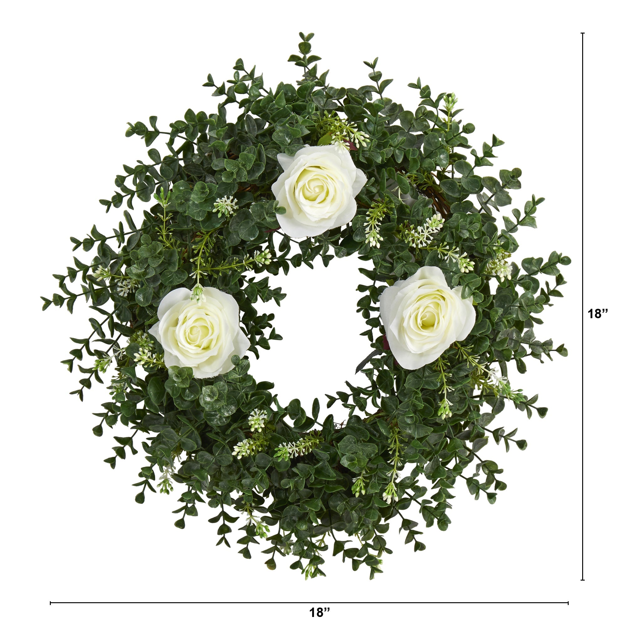 18" Eucalyptus and Rose Double Ring Artificial Wreath with Twig Base