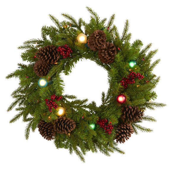 24" Christmas Artificial Wreath with 50 Multicolored Lights