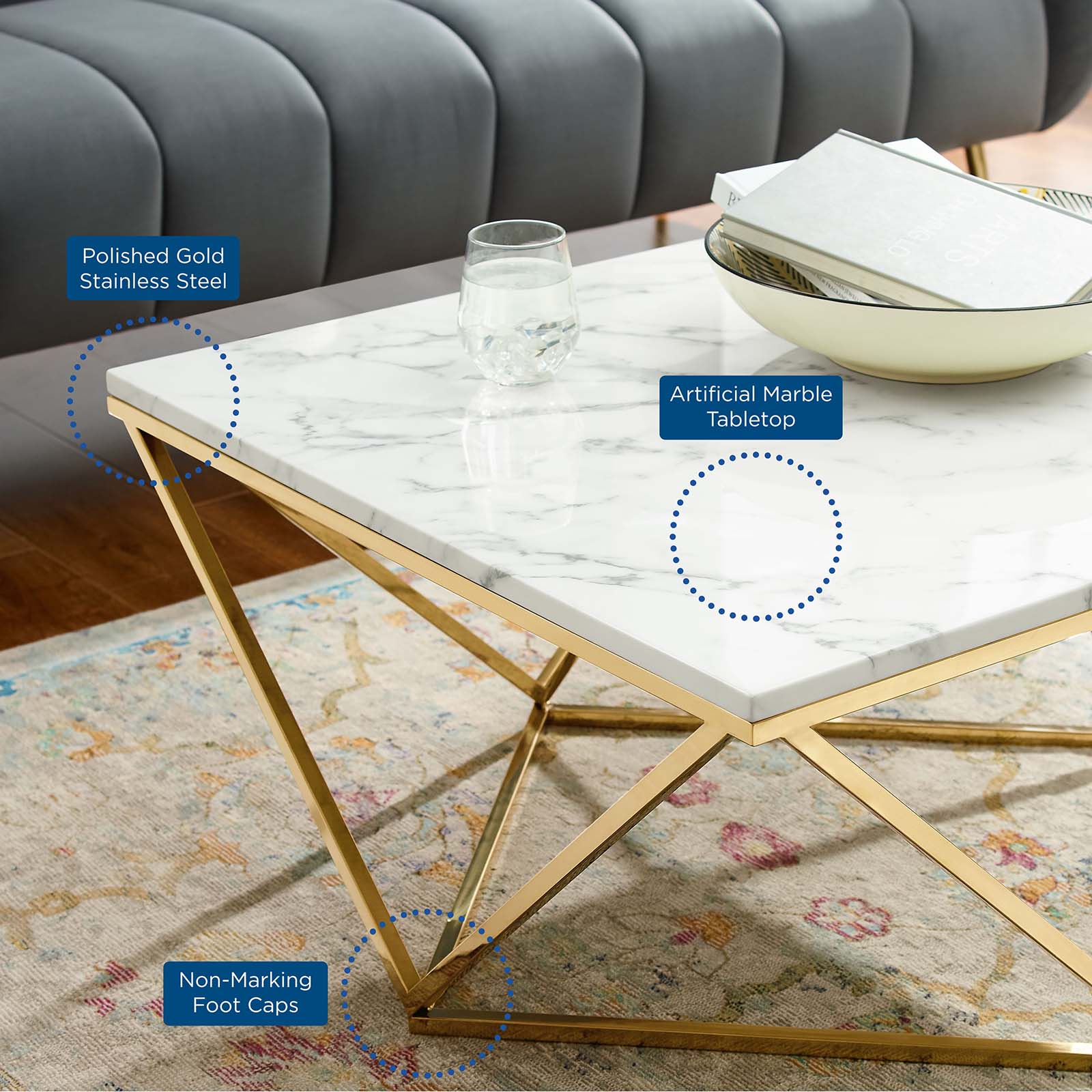 Vertex Gold Metal Stainless Steel Coffee Table by Modway