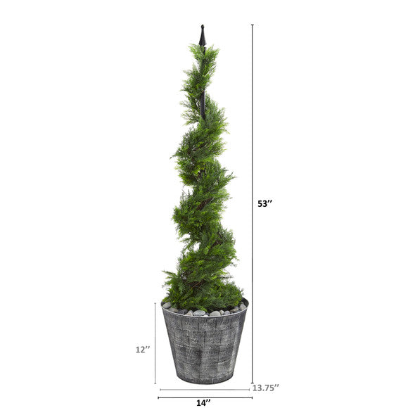 53" Cypress Artificial Spiral Topiary Tree in Black Embossed Tin Planter