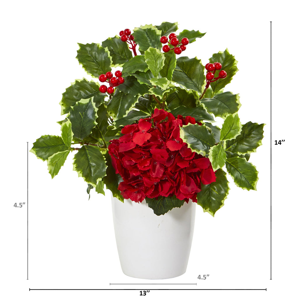 14" Hydrangea and Holly Leaf Artificial Arrangement in White Vase