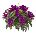 25"  Phalaenopsis Orchid and Holly Fern Artificial Plant in Metal Hanging Bowl