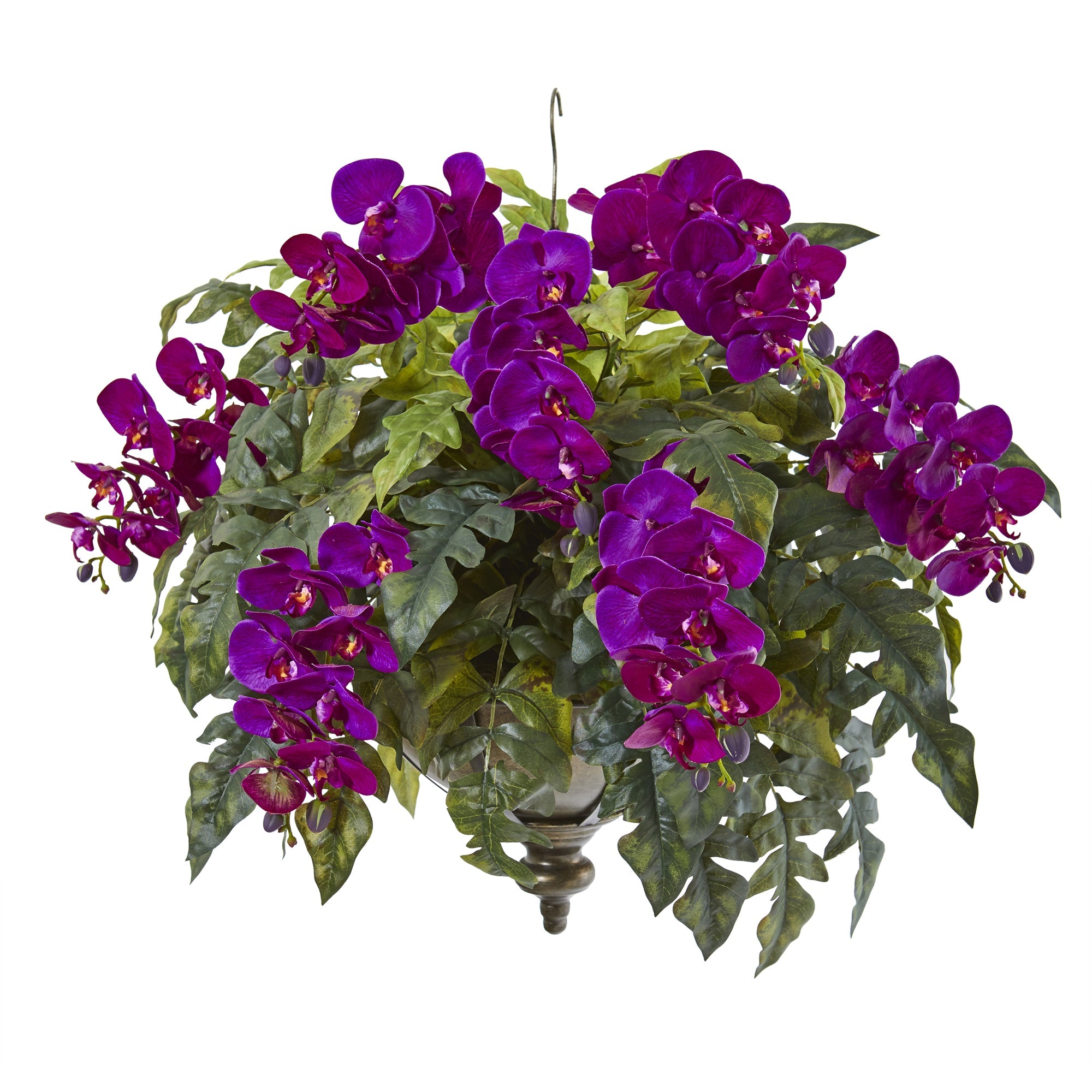 25"  Phalaenopsis Orchid and Holly Fern Artificial Plant in Metal Hanging Bowl