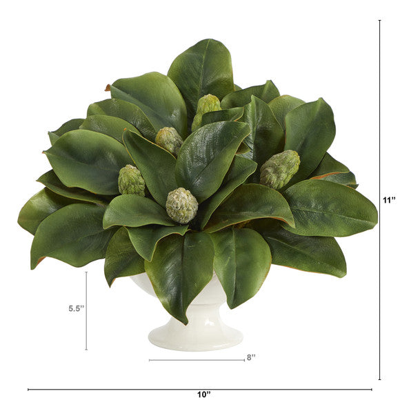 11" Magnolia Artificial Bud Plant in White Pedestal
