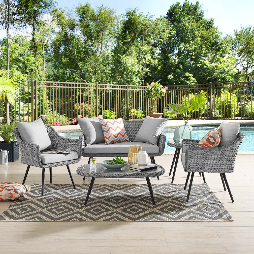 Endeavor 5 Piece Outdoor Patio Wicker Rattan Loveseat Armchair Coffee + Side Table Set by Modway