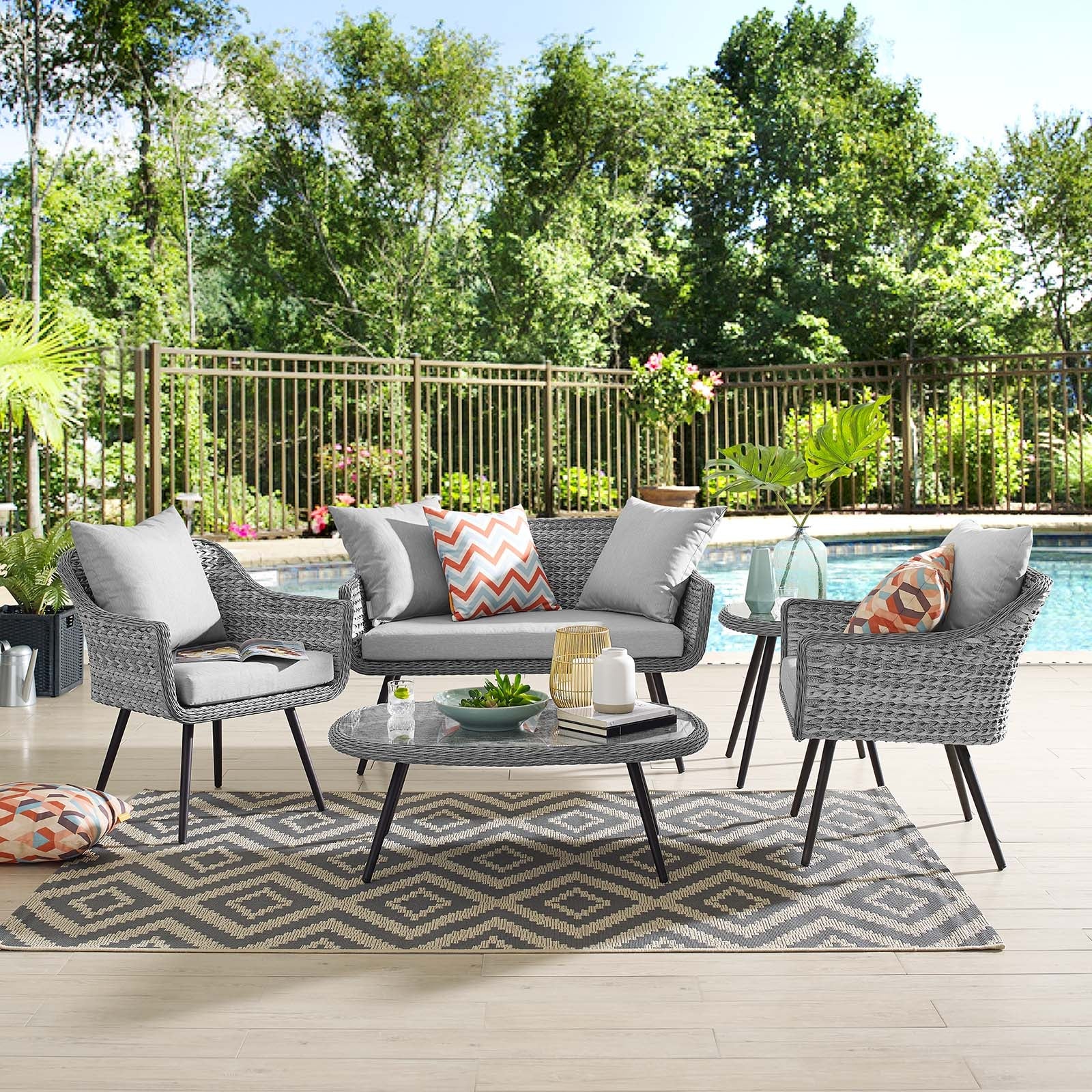 Endeavor 5 Piece Outdoor Patio Wicker Rattan Loveseat Armchair Coffee + Side Table Set by Modway