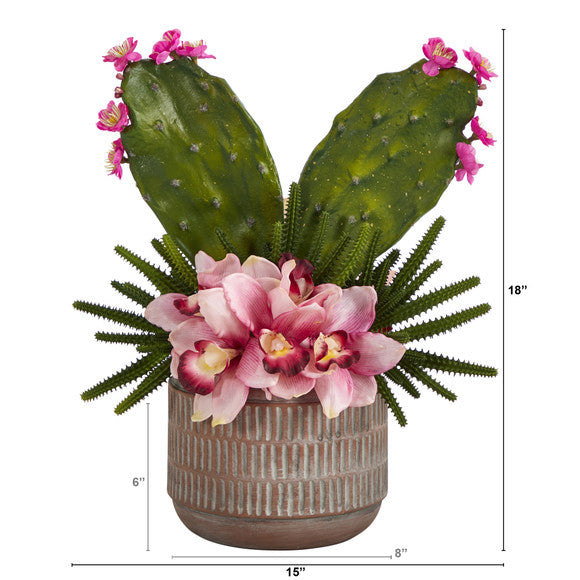 18" Cymbidium Orchid and Cactus Artificial Arrangement in Stoneware Vase