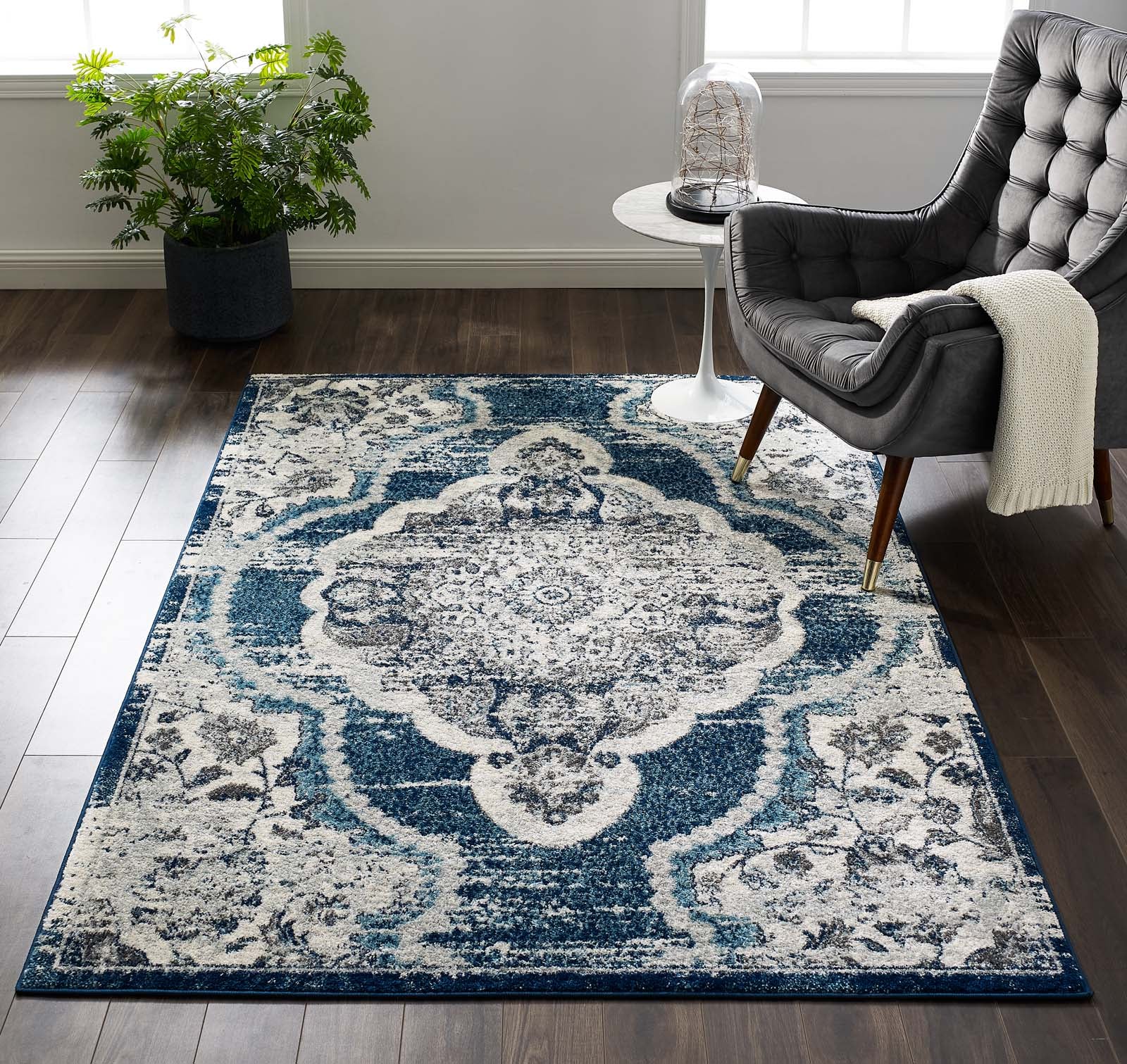 Entourage Malia Distressed Vintage Floral Vintage Medallion 5x8 Area Rug by Modway