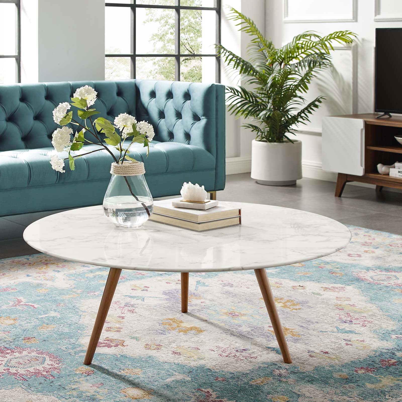 Lippa 40" Round Faux Marble Coffee Table with Tripod Base by Modway