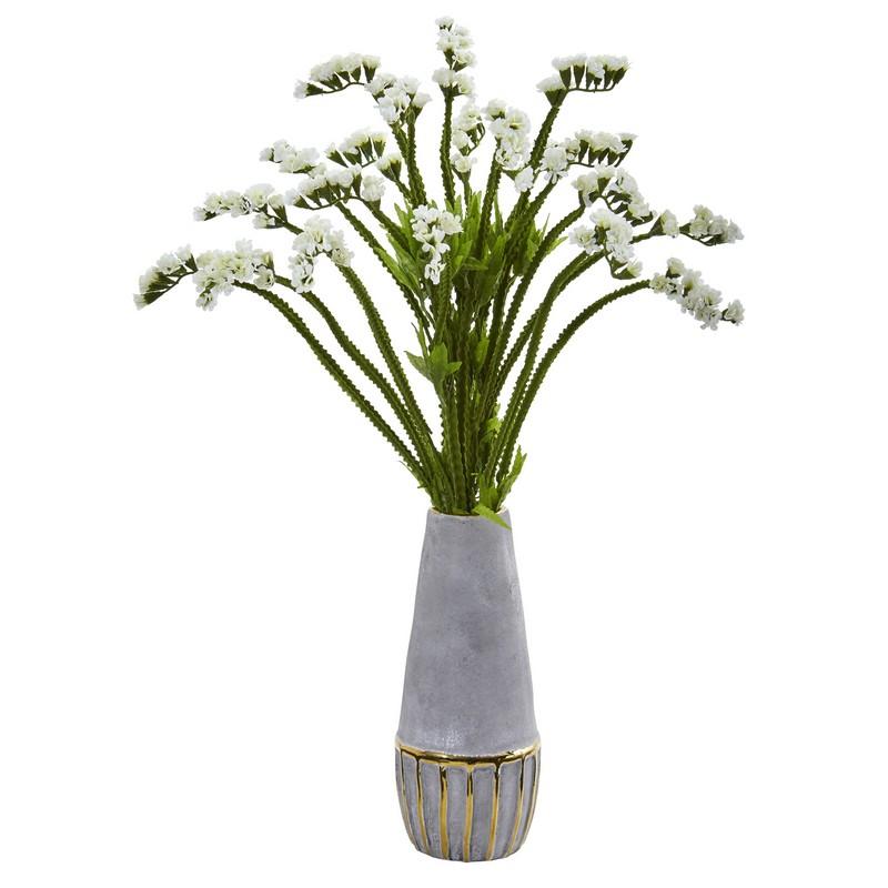 23"  Baby Breath Artificial Arrangement in Oval Vase with Gold Trimming