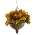 26"  Garden Croton Artificial Plant in Hanging Metal Bowl (Real Touch)