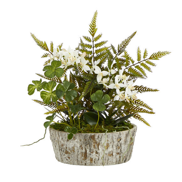 13" Orchid Phalaenopsis, Clover and Fern Artificial Plant