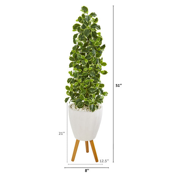 51" Variegated Holly Leaf Artificial Tree in White Planter with Stand