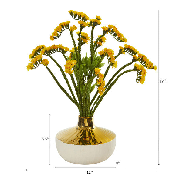 17" Baby Breath Artificial Arrangement in Gold and Cream Elegant Vase