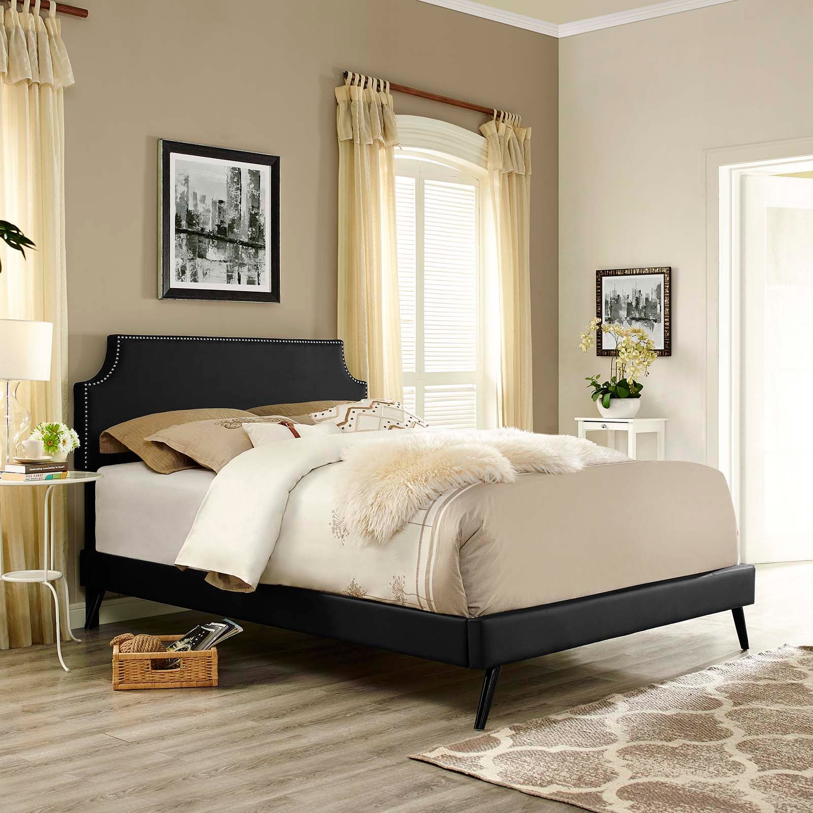 Corene Queen Vinyl Platform Bed with Round Splayed