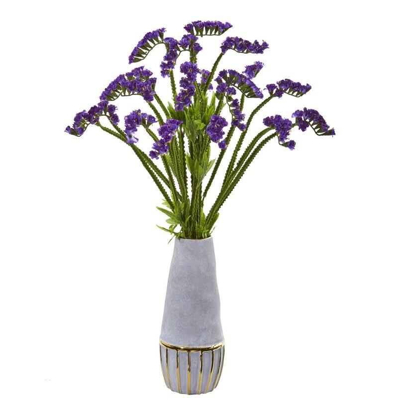 23"  Baby Breath Artificial Arrangement in Oval Vase with Gold Trimming