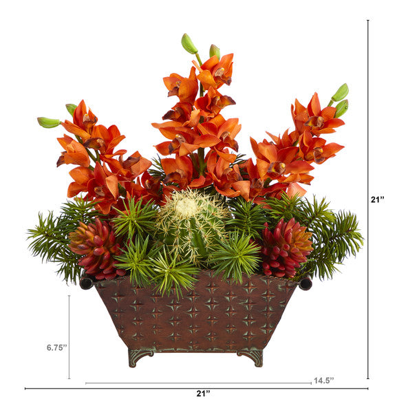 21" Cymbidium Orchid, Cactus and Succulent Artificial Arrangement in Metal Vase