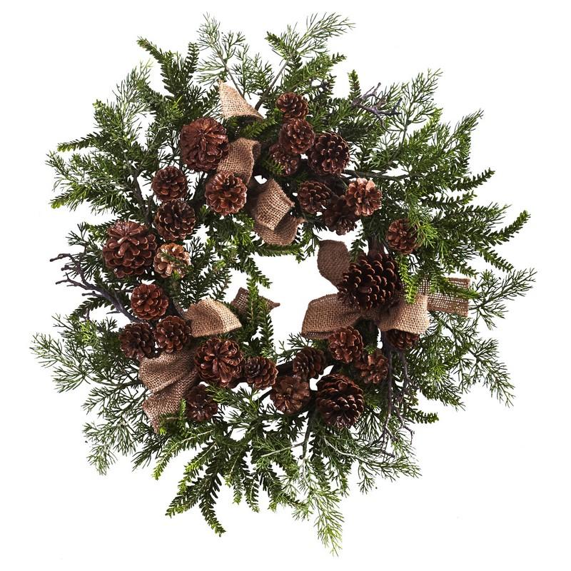 24"  Pine & Pine Cone Wreath w/Burlap Bows