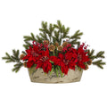 25" Poinsettia, Succulent and Pine Artificial Arrangement in Decorative Vase