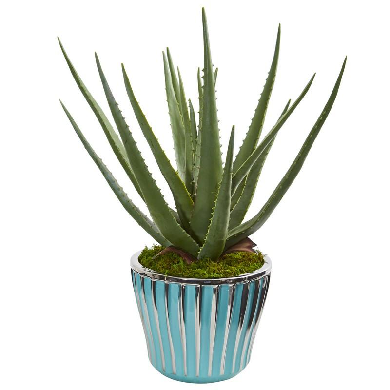 18"  Aloe Artificial Plant in a Turquoise Planter