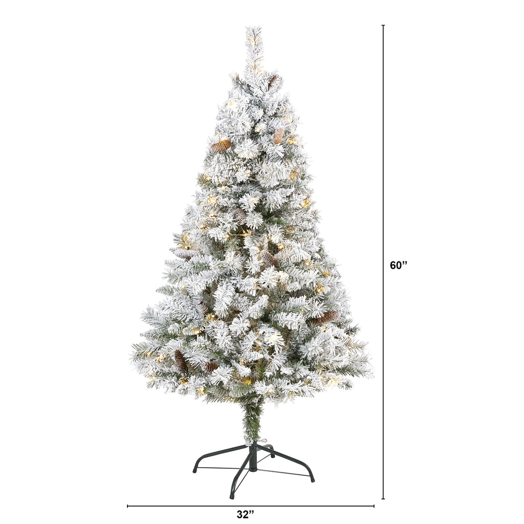 5' Flocked White River Mountain Pine Artificial Christmas Tree w/ Pinecones