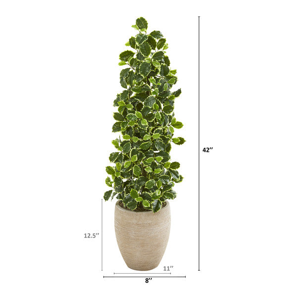 42" Variegated Holly Leaf Artificial Tree in Sand Colored Planter (Real Touch)