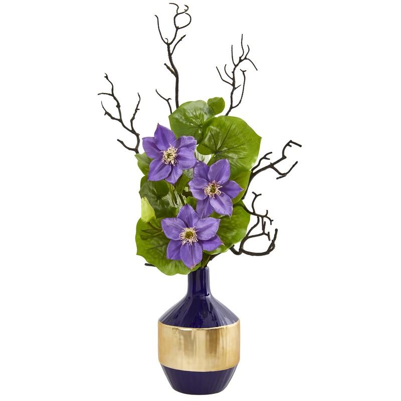22"  Anemone and Lotus Leaf Artificial Arrangement in Vase