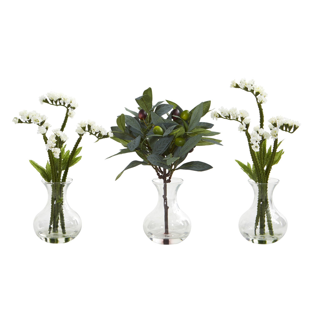 10" Baby Breath and Olive Artificial Arrangement in Vase (Set of 3)
