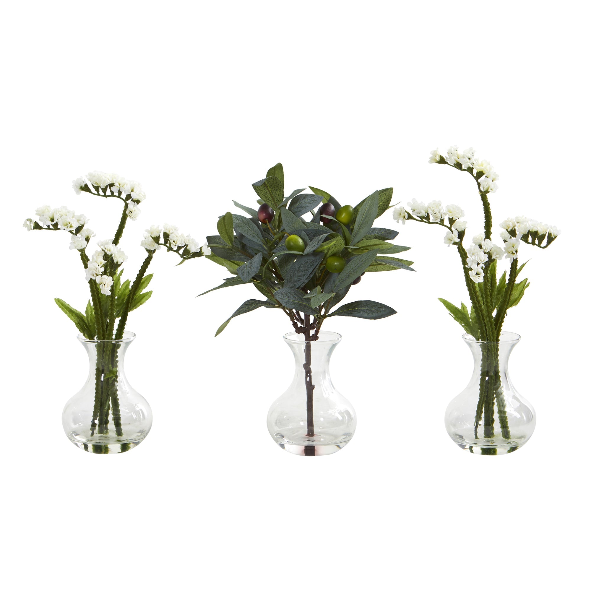 10" Baby Breath and Olive Artificial Arrangement in Vase (Set of 3)