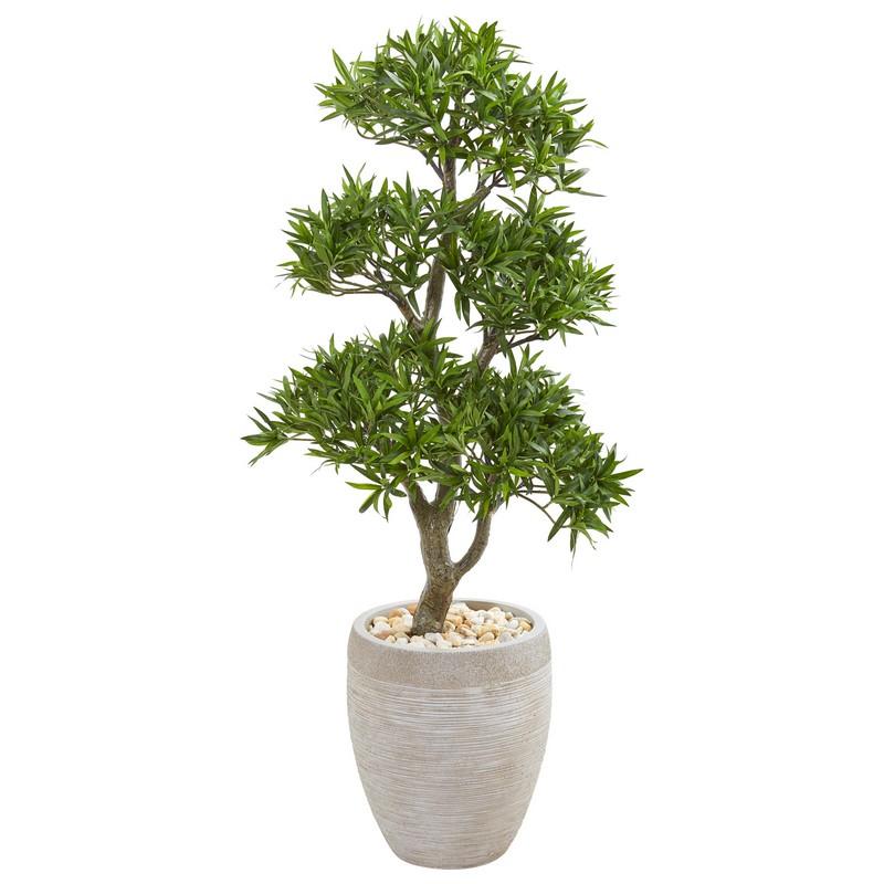 43" Bonsai Styled Podocarpus Artificial Tree In Sandstone Planter