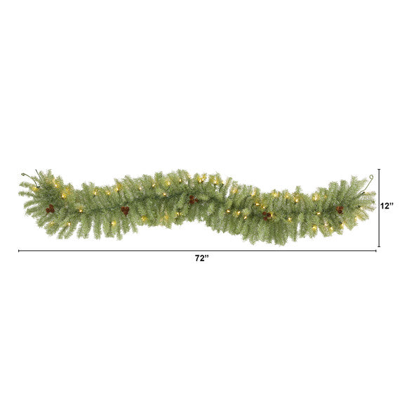 6' Christmas Pine Artificial Garland w/50 Warm White LED Lights and Pine Cones