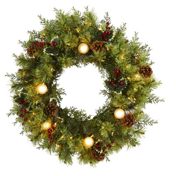 24" Christmas Artificial Wreath with 50 White Warm Lights, 7 Globe Bulbs