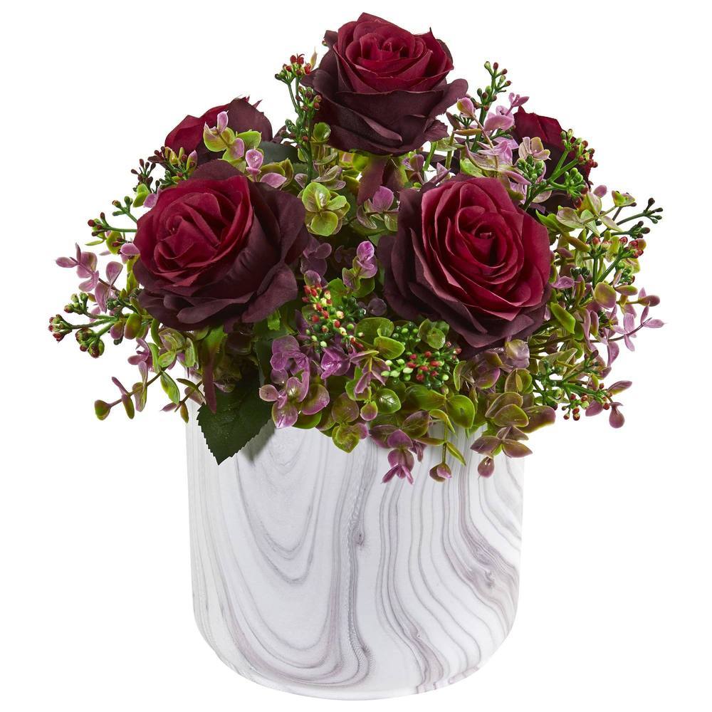 13"  Roses & Eucalyptus Artificial Arrangement in Marble Finished Vase