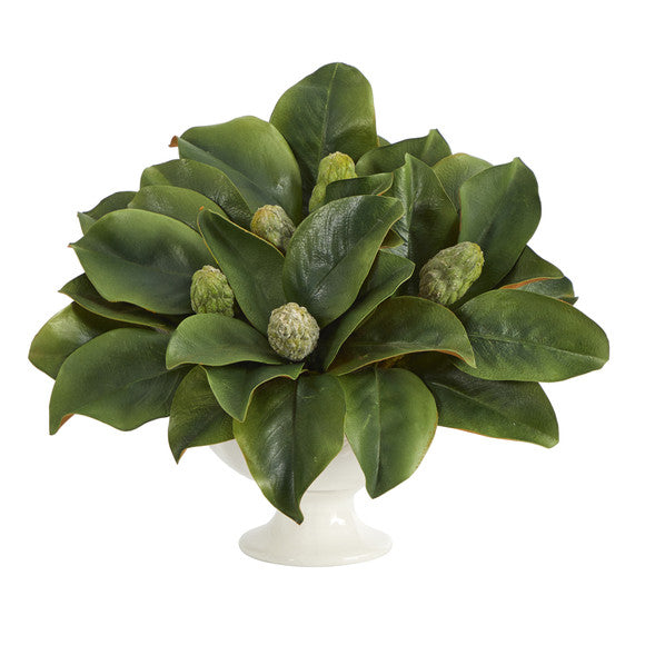 11" Magnolia Artificial Bud Plant in White Pedestal
