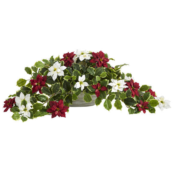 33" Poinsettia and Variegated Holly Artificial Plant in Planter (Real Touch)