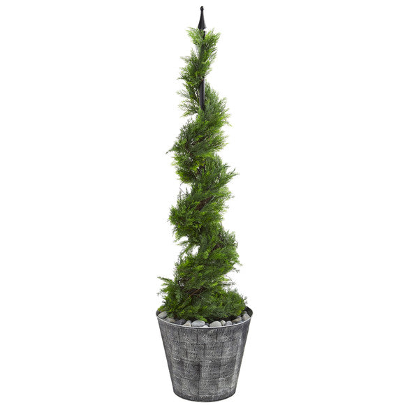 53" Cypress Artificial Spiral Topiary Tree in Black Embossed Tin Planter
